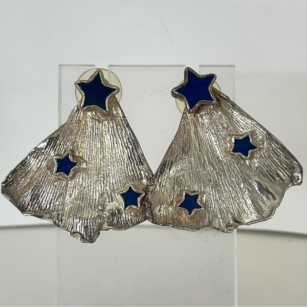 Vintage 80s Silver Blue Lapis Star Earrings - Picture 2 of 8